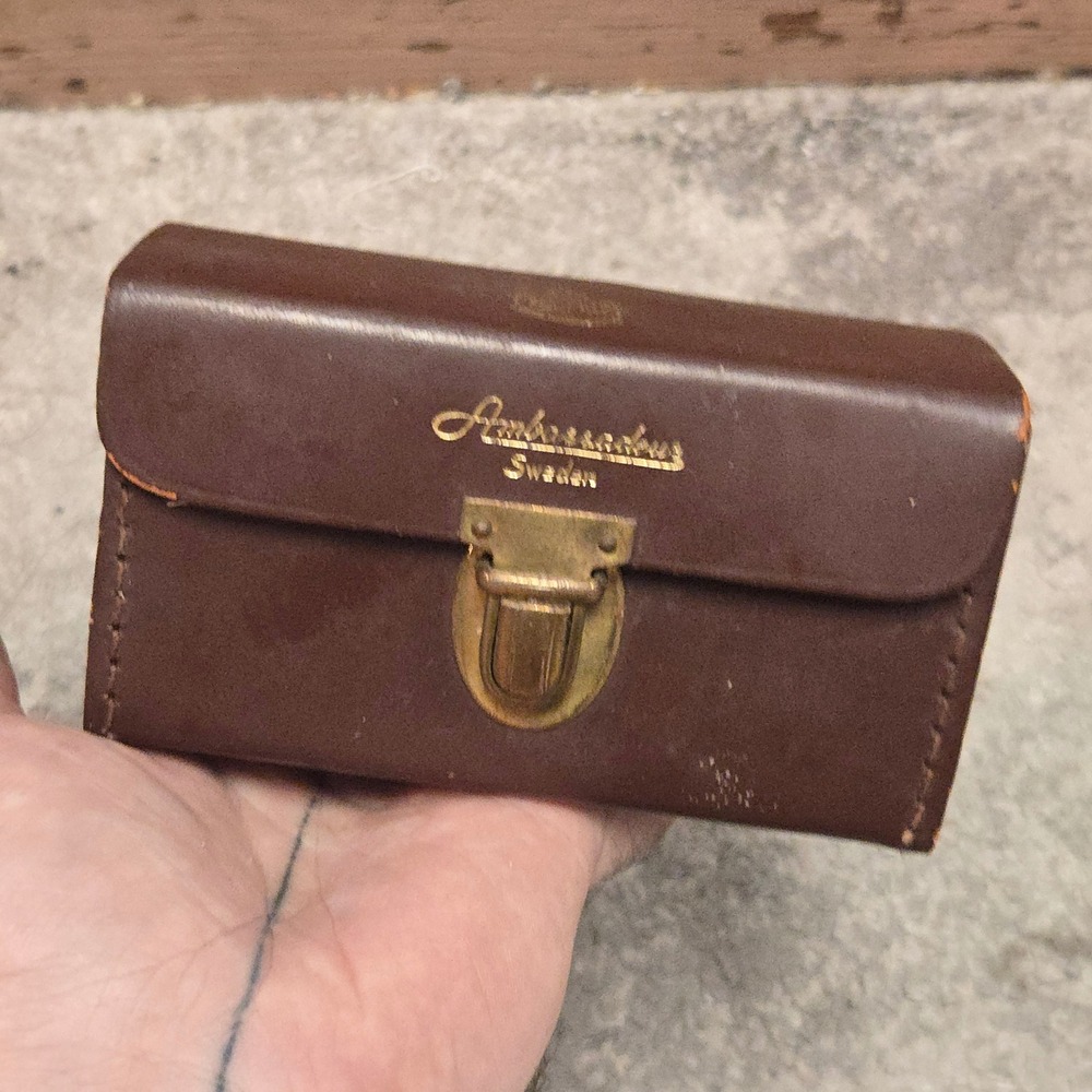 VTG Ambassadeur Sweden Leather Fishing Reel Case 1970s Brown Brass Crest Box GUC